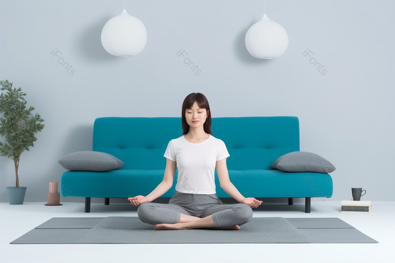 客厅室内女人瑜伽晨练冥想模特养生健身,高清,摄影图,摄影图片,图片大全,摄影图免费下载